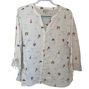 Talbots Paris Icons Novelty Print 3/4 Sleeve Button V-Neck Shirt Size L Cream